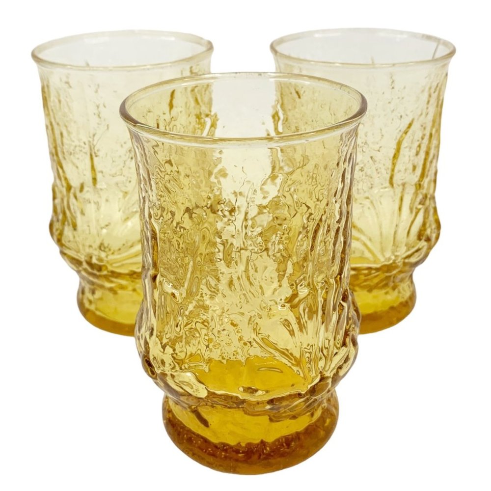 3 Vintage Anchor Hocking Juice Glass Cup Rain Flower Amber Honey Gold 4" High